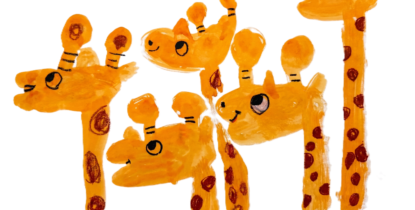A child's painting of a row of cheerful giraffes